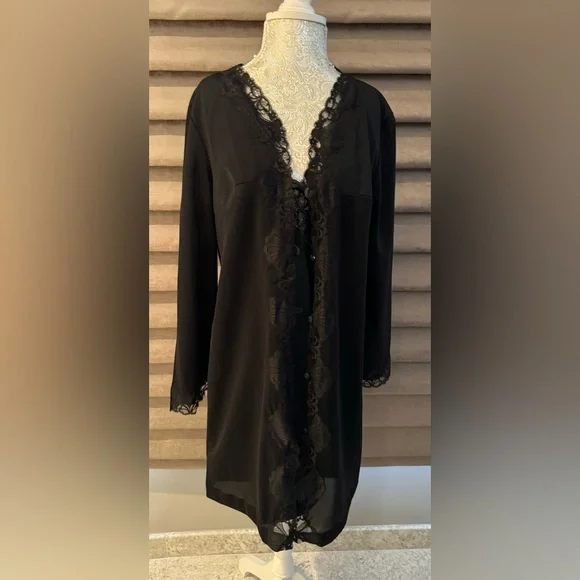 EMILIO PUCCI Black Lace Trimmed Negligee Set Nightgown Robe M - Picture 1 of 16